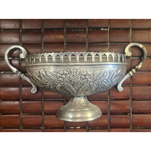 Vintage Urn w/ Floral Pattern Wall Vase Silvertone Solid Brass 12.25"x6.25" - Picture 2 of 5